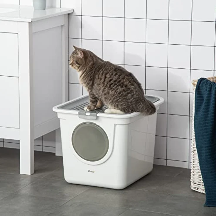 PawHut Katzentoilette mit Deckel Katzenklo mit Schaufel, Toilette für Katzen bis 5 kg, für Indoor, Kunststoff, Grau+Weiß, 44 x 55 x 39 cm – Bild 2