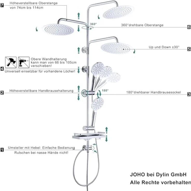 JOHO Edelstahl Duschsystem mit 30 cm Regendusche, chrom, höhenverstellbar und Handbrause mit 3 Strahlarten – Bild 5
