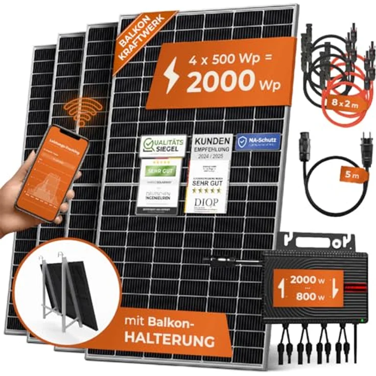 Solarway Balkonkraftwerk 2000W Komplett Steckdose - Ausgang einstellbar 600/800/2000W - 4x500W JaSolar-Module, Wechselrichter mit APP&WiFi, Plug&Play, schwarz – Bild 1