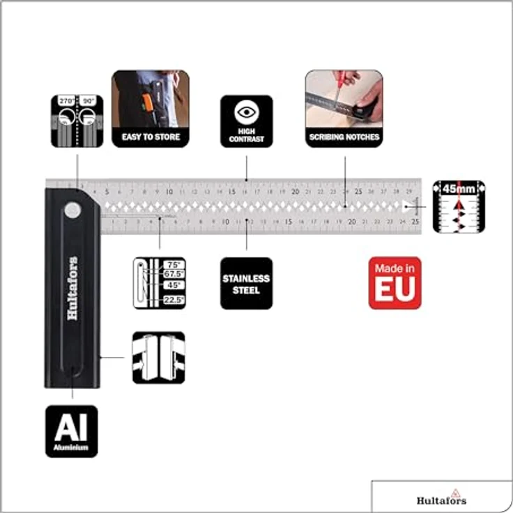 Hultafors Verstellbarer Gehrungswinkel Quattro 270, Aluminium 300mm x 45mm, faltbar mit Feststellung bei 45°, 90°, 135° & 270°, Anreißkerben & Mittellinie, Made in EU, 253120 – Bild 3