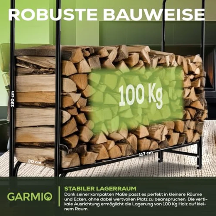 GARMIO® Kaminholzregal Metall 130x30x117cm, Brennholzregal mit pulverbeschichtetem Stahlrahmen, wetterfest für Indoor und Outdoor, einfache Montage – Bild 4