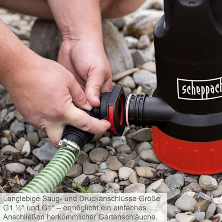 Scheppach Schmutzwasserkombipumpe DWP750 Wasserpumpe mit Saugfunktion | 750W Leistung | Fördermenge 20000 L/h | max. Partikelgröße 30mm | Förderhöhe 8m | Eintauchtiefe 7m | für Klar- & Schmutzwasser – Bild 4