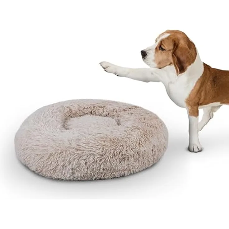 Haustierbett Fluffy Ø50cm (Beige) L - Hundekissen rund flauschig, Öko-Tex, rutschfest und waschbar - Hundebett Katzenbett Hunde & Katzen - Preisvergleich