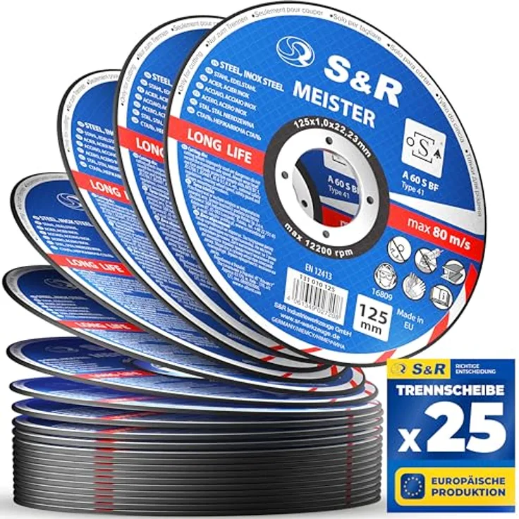 S&R Trennscheibe, Made in EU, 125 x 1,0 x 22,23 mm, Set 25 Stück Flexscheiben für Winkelschleifer
