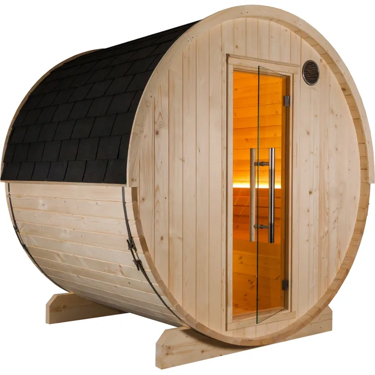 Sentiotec Kuusi 180 Fasssauna aus Fichte Gartensauna mit LED Licht, weiß, für bis zu 4 Personen