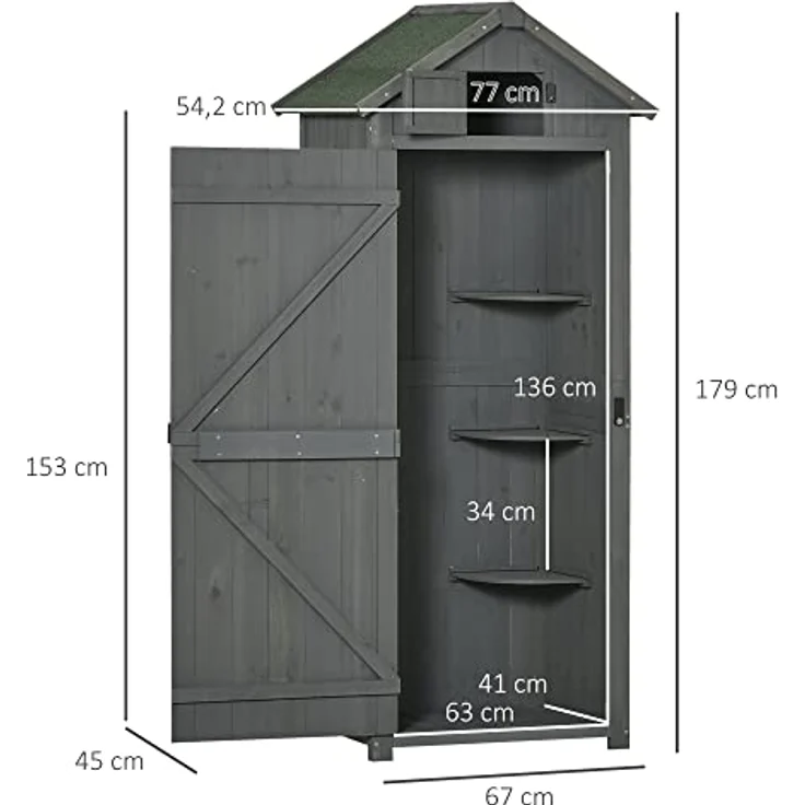 Outsunny Gartenschrank Gartenhaus Gerätehaus Geräteschuppen mit Fachböden Asphaltdach Fenster Holz Grau+Grün 77 x 54,2 x 179 cm – Bild 3