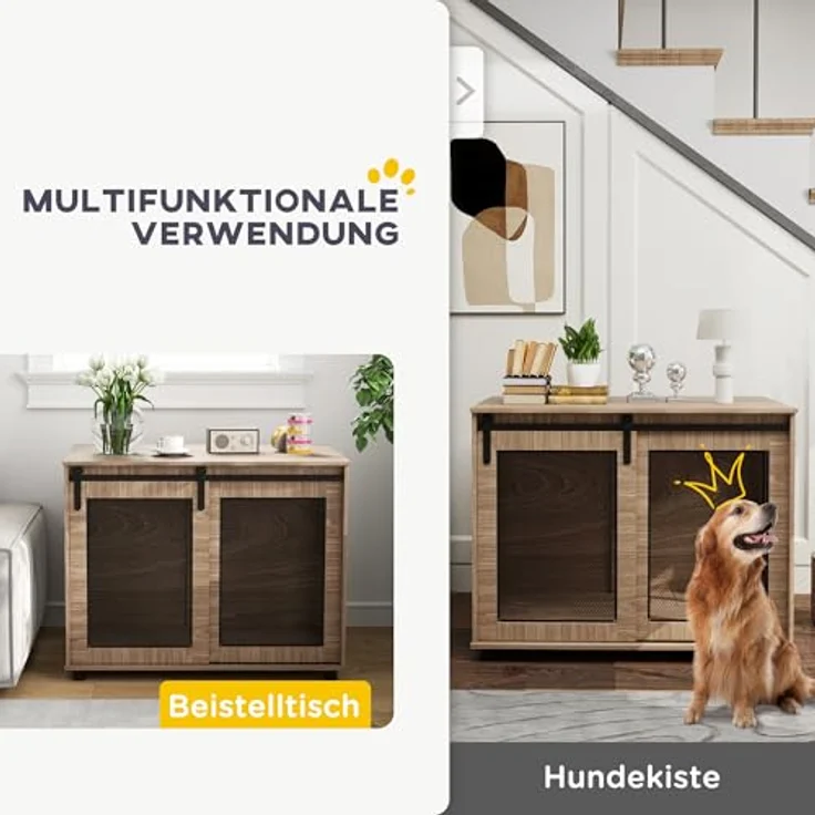 PawHut Hundekäfig Möbel, Hundebox mit 2 verschließbaren Türen, Beistelltisch, für große Hunde unter 30 kg, Stahl, Nussbaum – Bild 3