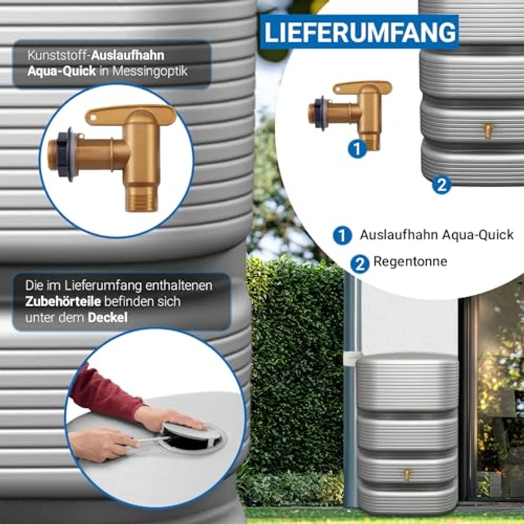4rain Wandtank Quadro, 500 l Regenwasserspeicher in Betongrau mit fünf Gewindeanschlüssen, UV-stabil und robust – Bild 4