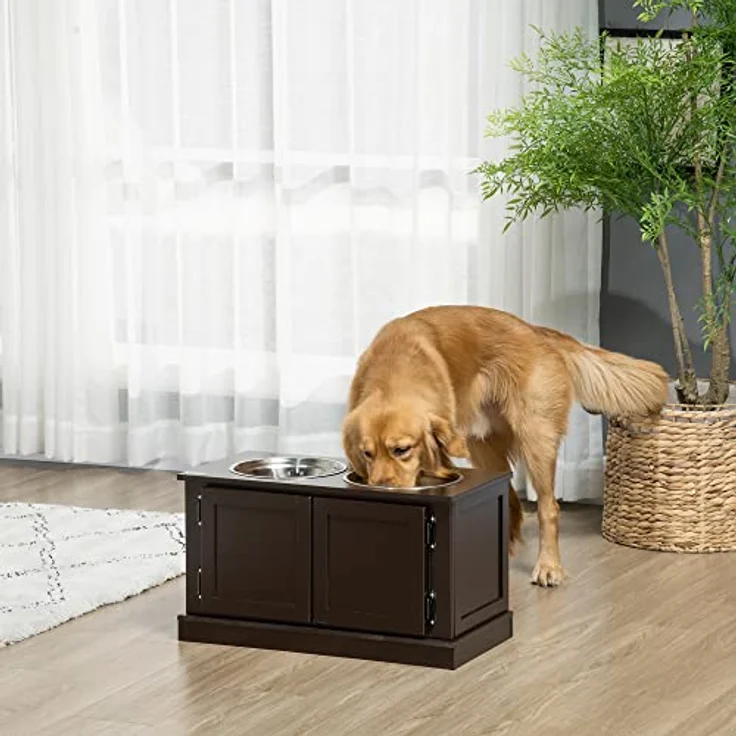 PawHut Hundenäpfe, Erhöhte Futterstation mit 2 Edelstahlschüsseln, Wassernapf mit 29,5L Stauraum, Hundenapfständer für Große Hunde, Kaffee – Bild 2