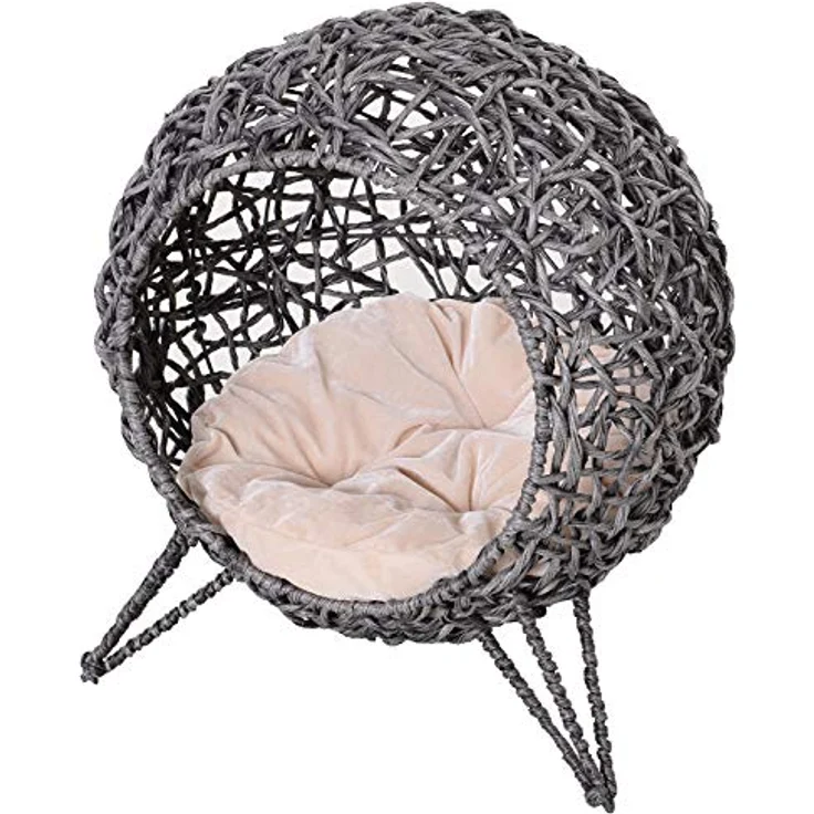 PawHut Katzenhöhle aus PE-Rattan, erhöhte Füße, inkl. Kissen, silbergrau, für Katzen bis 10 kg – Bild 1