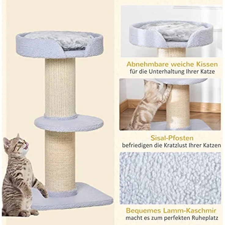 PawHut Katzenbaum Spielbaum Kratzstamm mit Plattform Sisal E1 Spanplatte Plüsch Hellblau 45 x 45 x 91 cm – Bild 5