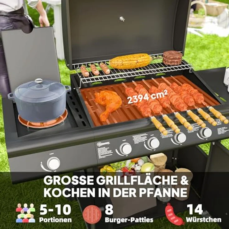 Outsunny Gasgrill 15,2 KW Grillwagen inkl 5 Edelstahl-Brenner, Seitenkocher, Deckel mit Thermometer, BBQ Gartengrill, 129,5 x 56 x 110 cm – Bild 3
