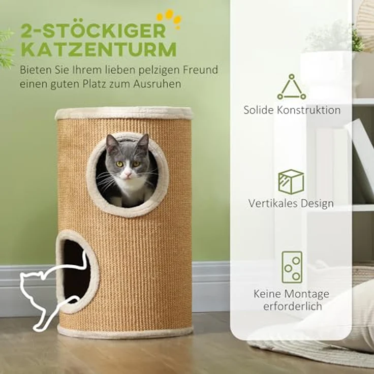 PawHut Kratztonne, 60 cm Hoch Katzentonne mit 2 Höhle, Kratzbaum, Katzenturm aus Sisal, für Katze bis 5 kg, Braun – Bild 3
