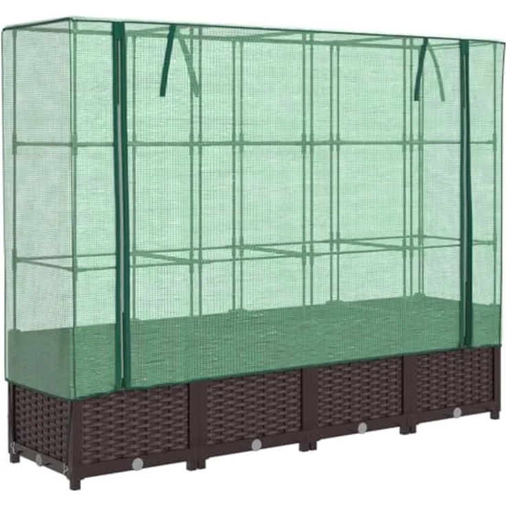 vidaXL Hochbeet mit Gewächshaus-Aufsatz, Pflanzbeet mit Eisenrohr-Rahmen, Rattan-Optik – Bild 1