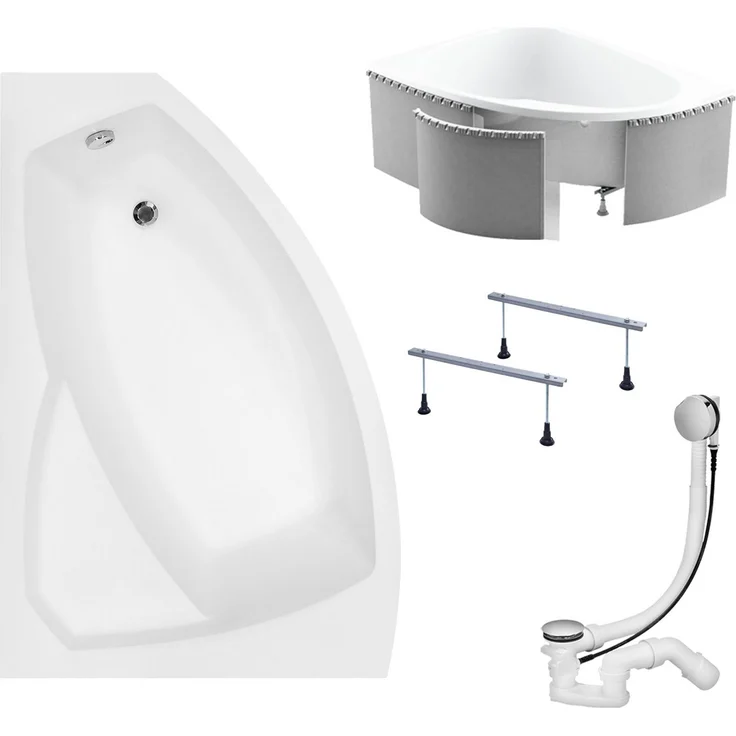 KOLMAN Eckbadewanne Rima 160x100, schneeweiß, mit GRATIS Ablaufgarnitur & Füßen, rutschfest, antibakteriell