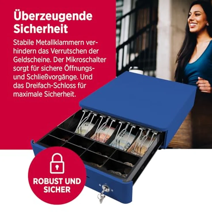 Olympia S 330 Blau, Kassenlade mit 8 Münzfächern, 4 Scheinfächern, Vollmetall, elektrisch ansteuerbar, Schloss & RJ11/RJ12-Anschluss – Bild 4