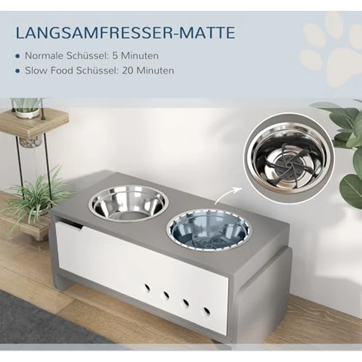 PawHut Hundenapf erhöht, 3 Stufig Höhenverstellbar Futternapf für Hunde mit Stauraum, Anti-Schling-Matte, 2 x 2L Edelstahl-Schüsseln, Grau – Bild 4