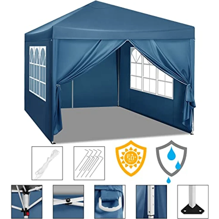 WOLTU Pavillon Pop-Up wasserdichter Faltpavillon Sonnenschutz Event Pavillon mit Seitenwänden Gartenpavillon auf Terrasse Camping Festival Pagodenzelt aus Oxford Metallrahmen 3 x 3 m Blau – Bild 3