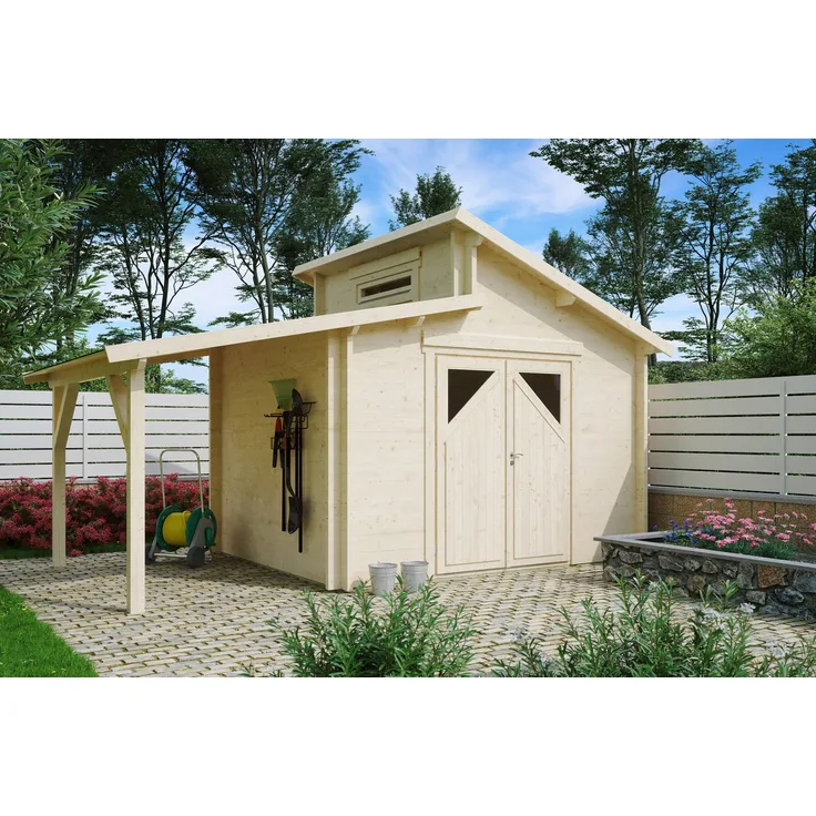 Fjordholz Gartenhaus Varianta 44 C +SD, Stufendach mit 44mm Wandbohlen aus nordischer Fichte, extra hohe Doppeltür, seitliches Schleppdach, ohne Dacheindeckung