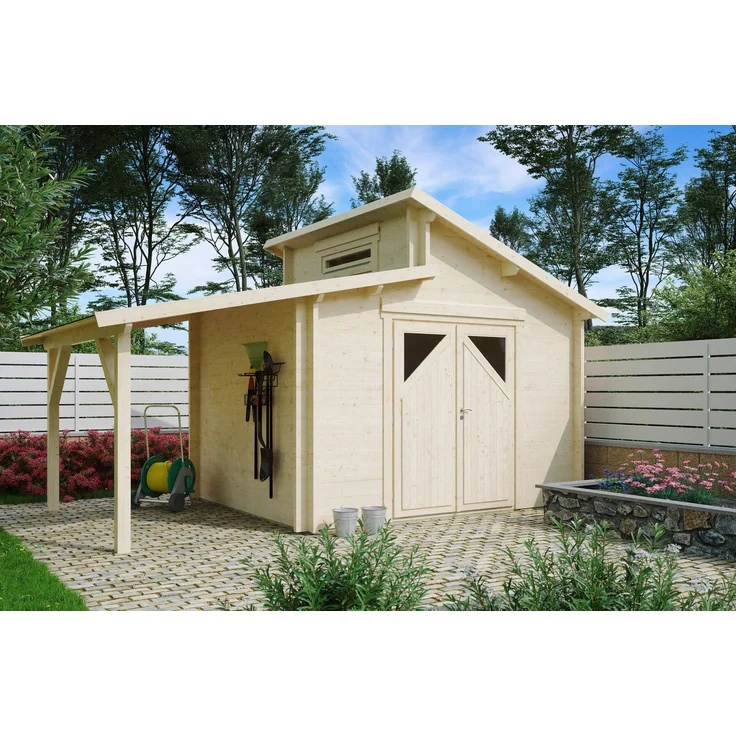 Fjordholz Gartenhaus Varianta 44 C +SD, Stufendach mit 44mm Wandbohlen aus nordischer Fichte, extra hohe Doppeltür, seitliches Schleppdach, ohne Dacheindeckung