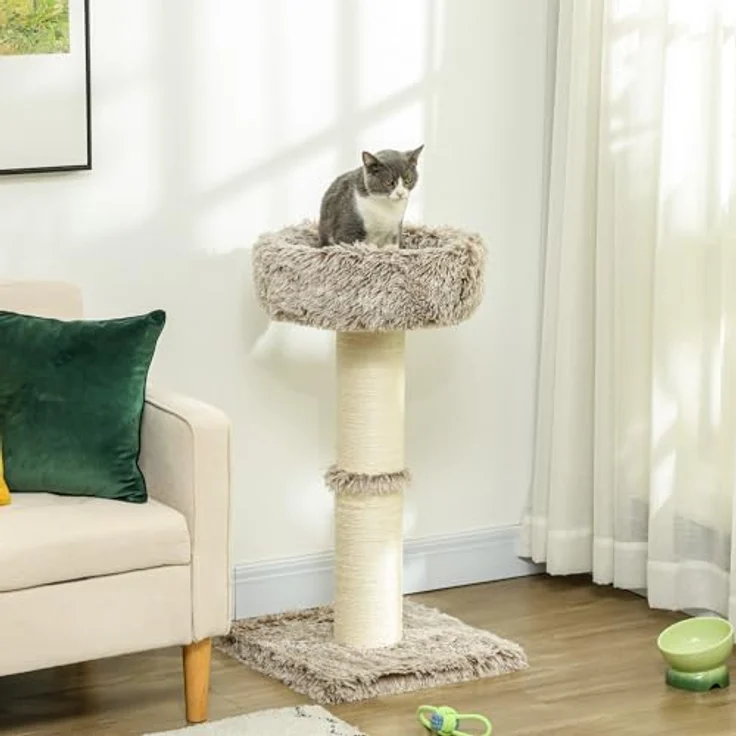 PawHut Katzenbaum 87 cm hoch mit Bett, dickem Stamm, Sisal-Kratzsäulen, für Katzen bis 6 kg, Braun – Bild 2
