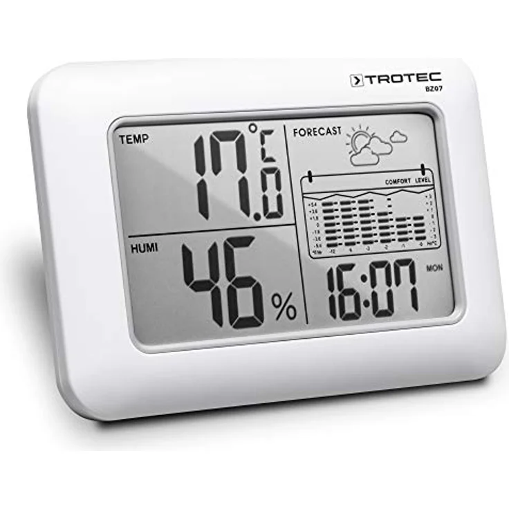 TROTEC BZ07 Wetterstation 6-in-1 mit Innenraum-Klimawerten, Wettertrend-Anzeige, 12-Stunden-Temperaturstatistik, Wohlfühlindikator und Digitalwecker – Bild 2