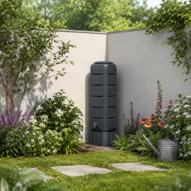 Prosperplast Regentonne Tenso, 120 l, viereckig, anthrazit, Set mit Unterstand und Wasserhahn – Bild 3