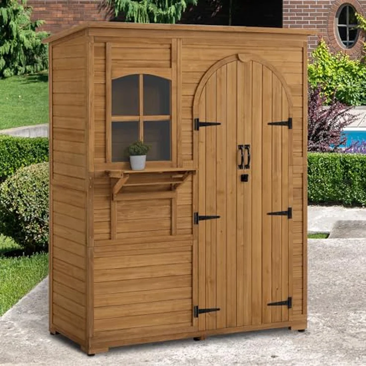 M MCombo Gartenschrank Geräteschuppen Holz Wetterfest, Gartenhaus Outdoor Wasserdicht Begehbar für Außenbereich Balkon Terrasse, Aufbewahrungsschrank mit 3 Regale 73×144×185 cm (Natur) – Bild 2