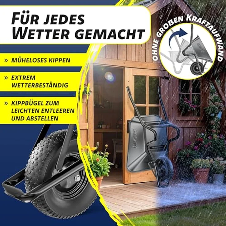 MASKO® Schubkarre 100 Liter, Bauschubkarre mit 250 kg Traglast, Luftreifen auf Stahlfelge, verzinkter Stahlrahmen, inkl. Ersatzschlauch und Handschuhe – Bild 5