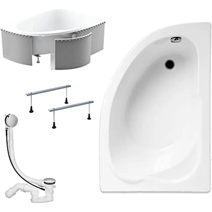 KOLMAN Eckbadewanne STANDARD 135x85, schneeweiß, mit GRATIS Ablaufgarnitur & Füßen, antibakteriell, kratzfest
