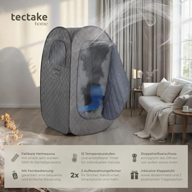 Tectake Mobile Dampfsauna ThermaLuxe I, 1000 W, 15 Temperaturstufen, dunkelgrau/schwarz – Bild 2