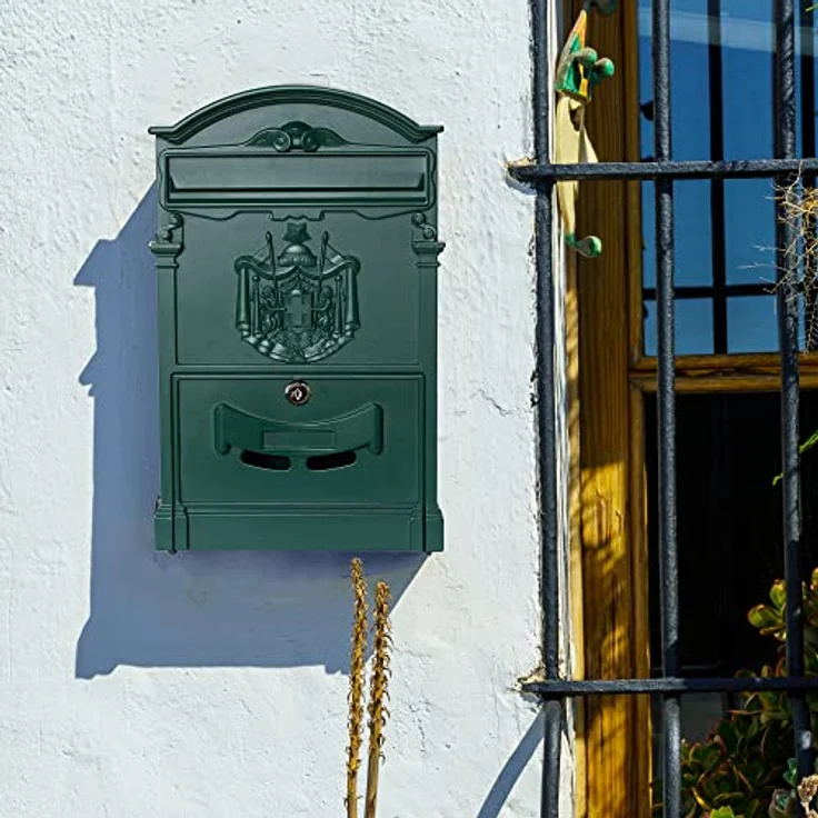 Briefkasten aus Aluminium im klassischen Stil, Größe M (DIN A4), Eleganter Wandbriefkasten für Draußen, Dekorativer Postkasten mit Namensschild, Einfache Montage, Grün – Bild 4