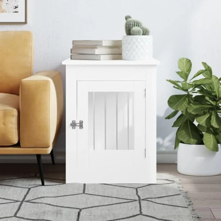 vidaXL Hundekäfig im Möbelstil, Abschließbar Hundebox mit Tür, Hundehütte Beistelltisch mit 2-in-1-Funktion, Hundehaus Haustierkäfig, Weiß 55x80x68 cm Holzwerkstoff – Bild 4