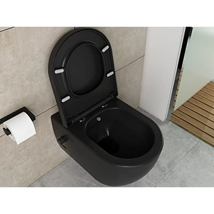Aqua Bagno Taharet Toilette in schwarz matt, mit Absenkautomatik & Armatur, ohne Spülrand | 51,5 cm lang – Bild 5
