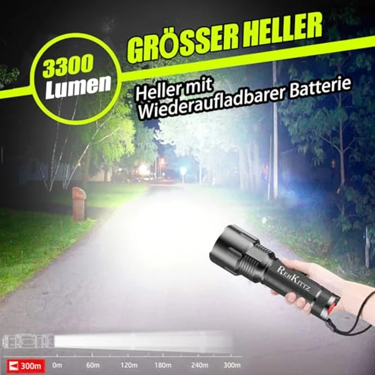 REHKITTZ S1600 LED Taschenlampe, 3300 Lumen, zoombare Handlampe für Camping und Outdoor, robust mit verschiedenen Modi und langer Akkulaufzeit – Bild 2