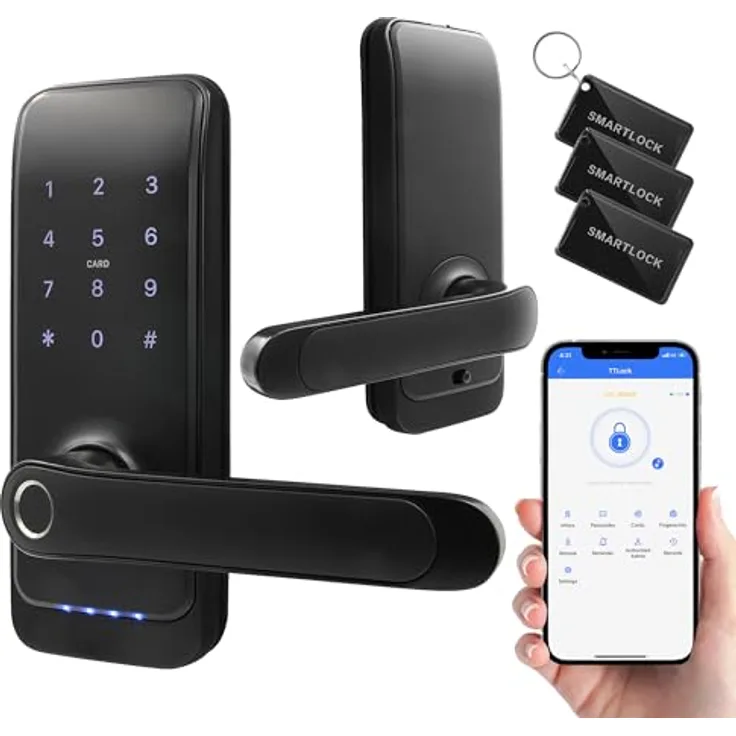 EURA ELH-01H4 Smartes Türschloss mit Griff, Codeschloss, biometrischem Leser, App TTLock/TTHotel, IP65, schwarz