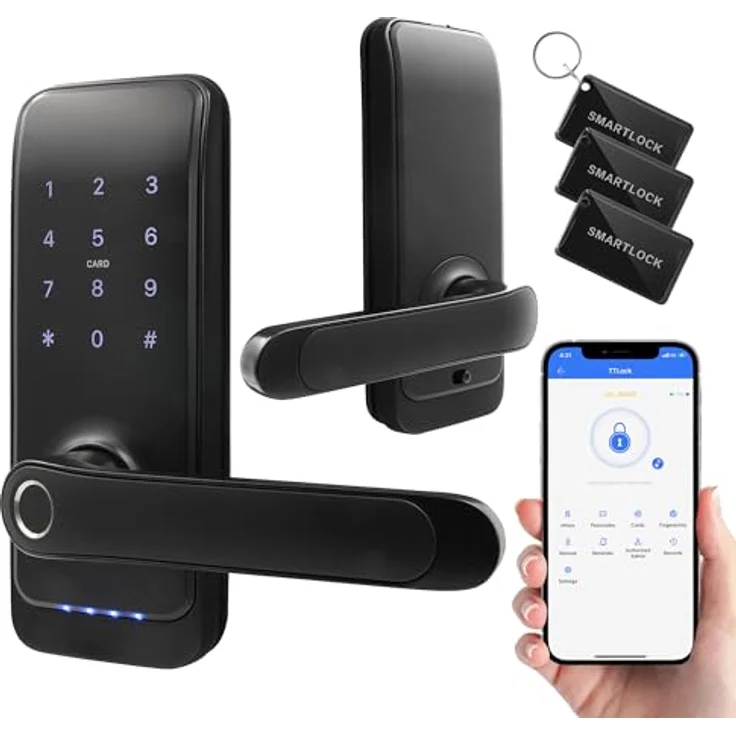 EURA ELH-01H4 Smartes Türschloss mit Griff, Codeschloss, biometrischem Leser, App TTLock/TTHotel, IP65, schwarz – Bild 1