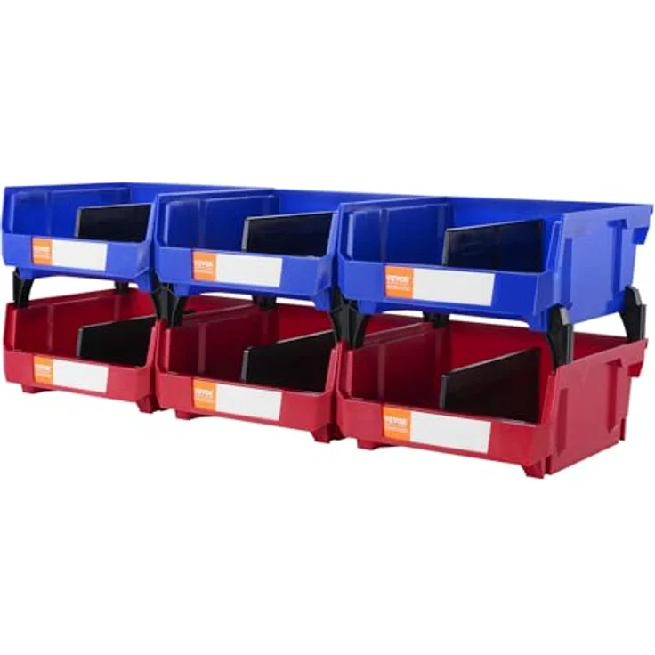 VEVOR Stapelboxen 6er-Set Sichtlagerboxen Blau/Rot 137x105x78mm PP Lagerboxen für Werkstatt Büro Garage – Bild 1
