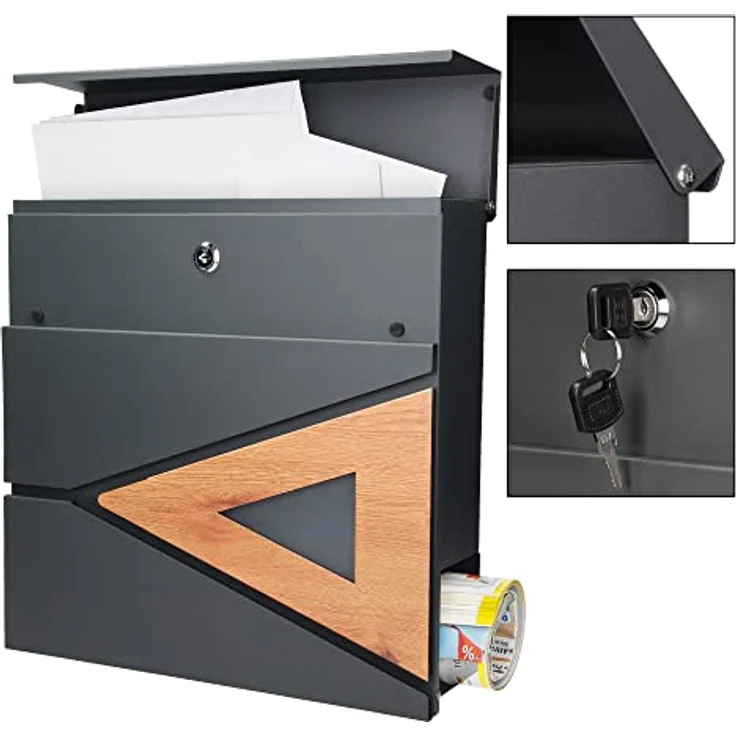 ECD Germany Standbriefkasten mit Zeitungsfach, Design Briefkasten mit Pfosten, Briefkastenanlage Briefkastenständer Ständer 2 Füße Silber metallic 120cm Edelstahl, Postkasten Anthrazit-Holzoptik Stahl – Bild 4