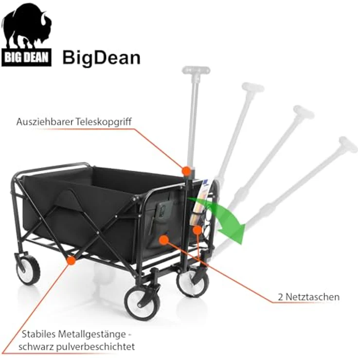 BigDean faltbarer Bollerwagen schwarz, robust bis 80 kg belastbar, platzsparend für Ausflüge und Einkäufe – Bild 4