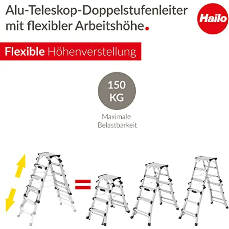Hailo D100 TL Topline Teleskopleiter - ausziehbar, klappbar, Aluminium, bis 6 Stufen, max. 1,31 m, 8,9 kg – Bild 2
