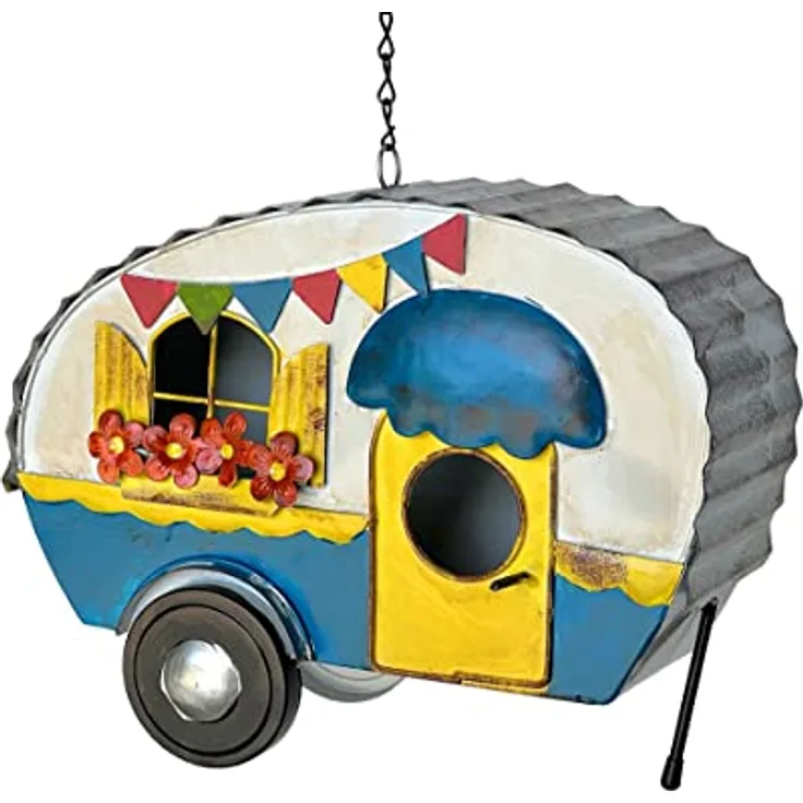 DanDiBo Vogelhaus zum Aufhängen Metall Deko Wohnwagen Wetterfest 96254 Nistkasten Futterstation für Vögel Shabby mit Kette Caravan Camper Balkon