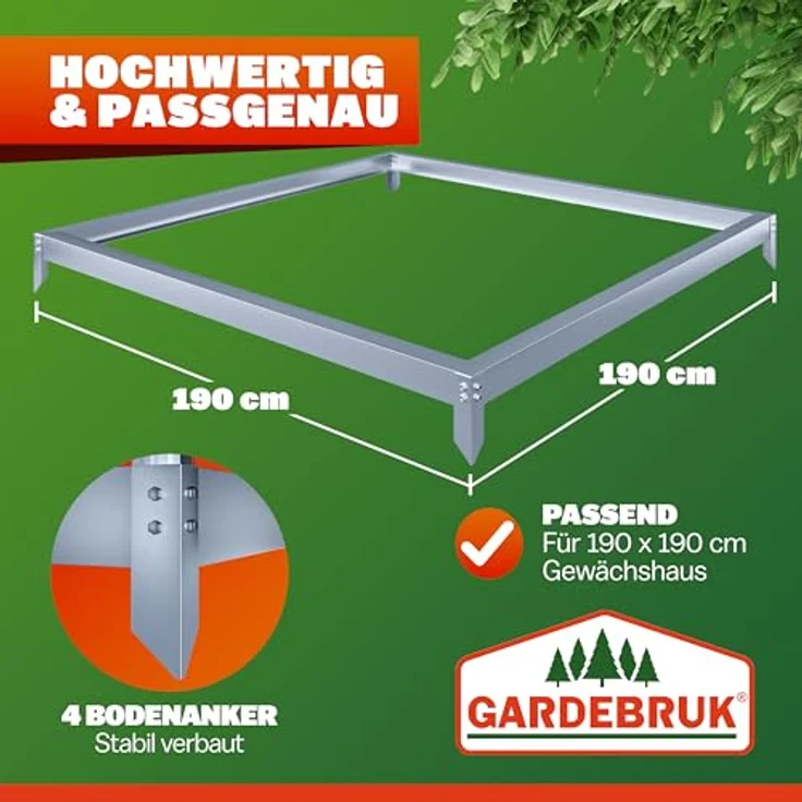 Gardebruk® Fundament für Gewächshaus 190x190cm, Stahl verzinkt, Sockel Stahlfundament Treibhaus Rahmen, Bodenverankerung – Bild 3
