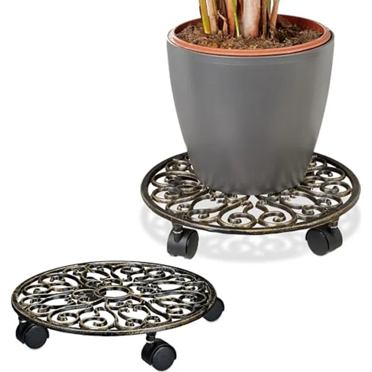 relaxdays Pflanzenroller 2er Set Gusseise, Bronze, Antikes Design mit Ornamenten, 4 Rollen, max. 25 kg Traglast – Bild 1