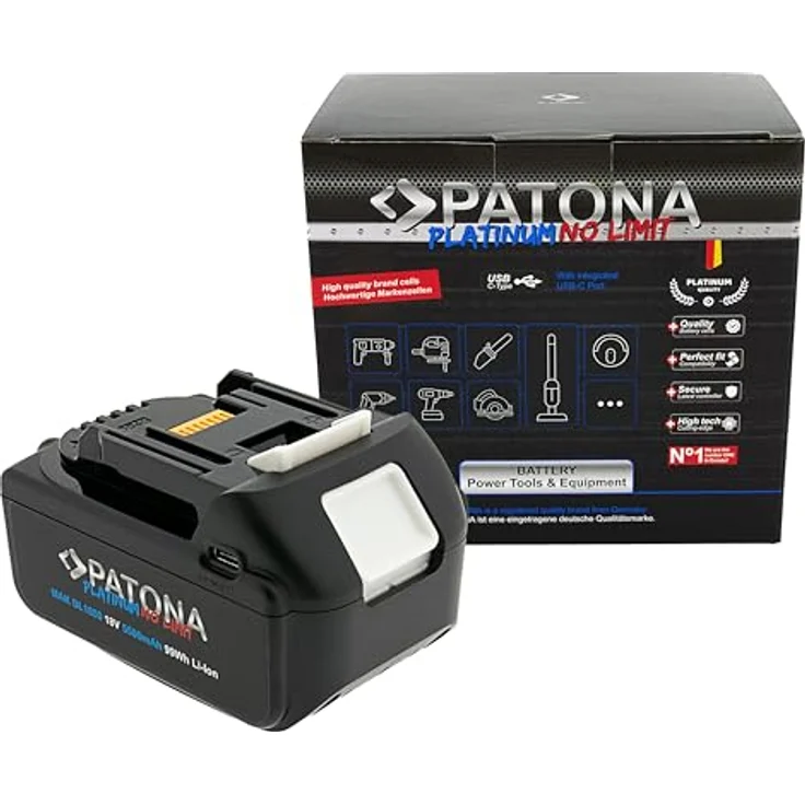 PATONA Akku mit USB-C In- und Output kompatibel mit Makita 18V BL1850B u. BL1860B | 5500mAh | LED Kapazitätsanzeige – Bild 1