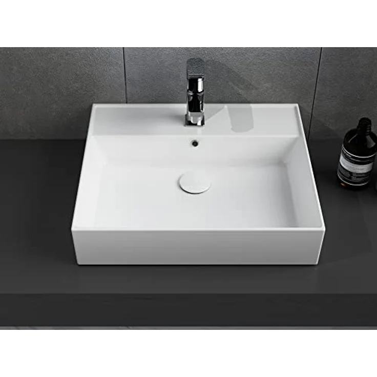 Aqua Bagno | Keramik Waschbecken weiß, eckiger Waschtisch für Gäste-WC, Waschbeckenaufsatz Loft Air Design | 612x466 mm – Bild 2