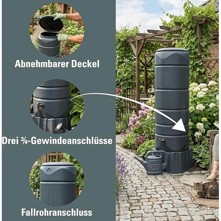 Prosperplast Regentonne Vuelta, 110 l, anthrazit, Set 3-tlg mit Unterstand und Wasserhahn – Bild 3