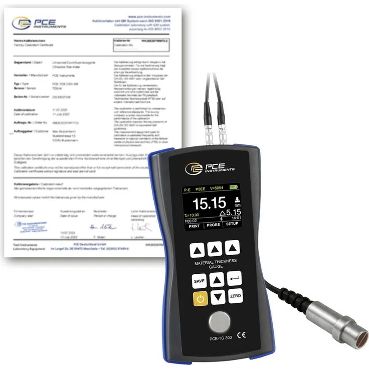 PCE Instruments Materialdickenmessgerät PCE-TG 300-NO5-ICA, inkl. ISO-Zertifikat, 1 … 600mm Messbereich, 5MHz Sensor Ø10mm, USB-Schnittstelle