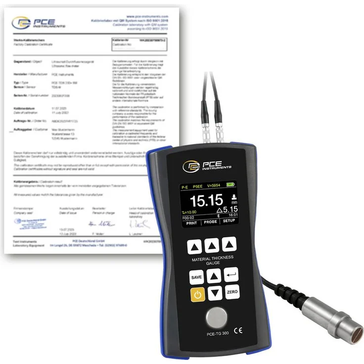 PCE Instruments Materialdickenmessgerät PCE-TG 300-NO5-ICA, inkl. ISO-Zertifikat, 1 … 600mm Messbereich, 5MHz Sensor Ø10mm, USB-Schnittstelle