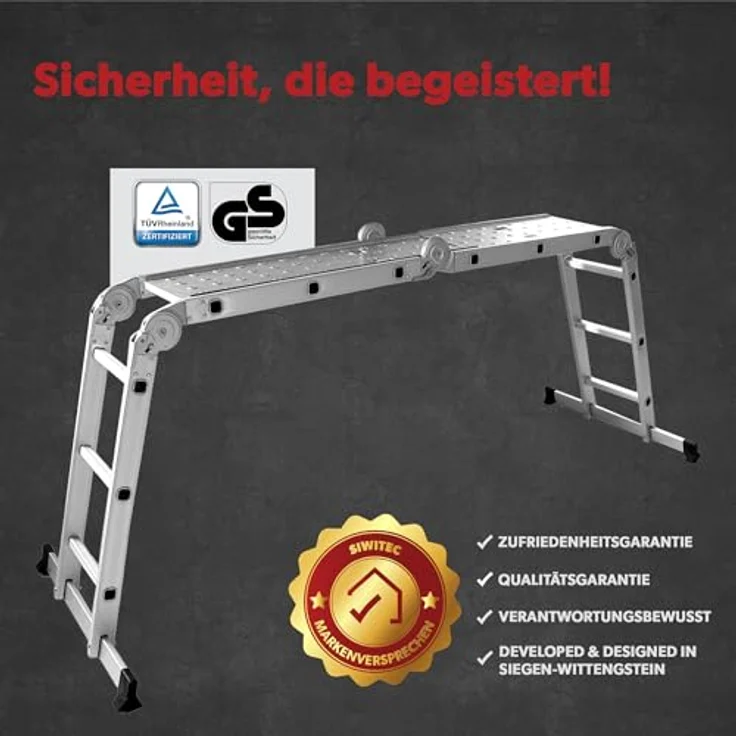 siwitec Mehrzweckleiter 4 x 3 Stufen, Leiter mit 2 Gerüstplatten, Aluleiter bis 150 kg, 12 Stufen, TÜV/GS zertifiziert – Bild 2